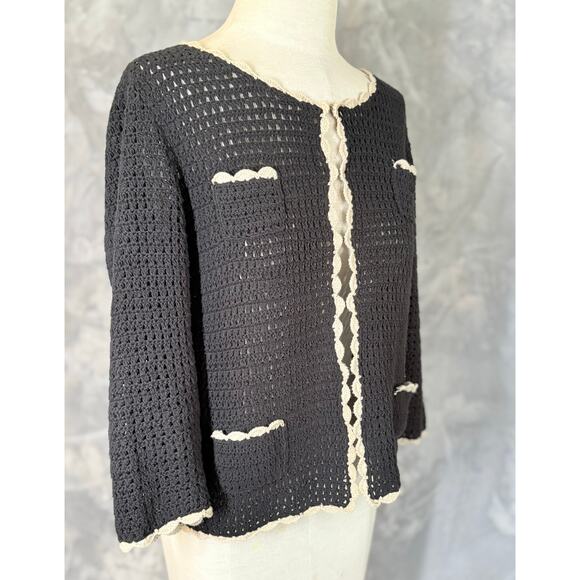 Vintage Y2K Crochet Cropped Cardigan Sweater M Old Money Preppy Office Siren - Picture 3 of 10